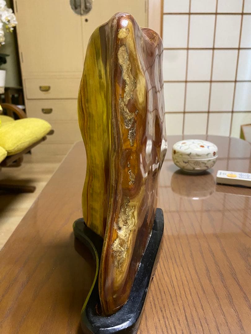 天然石 メノウ 研磨石 観賞石 水石 置物 約4kg 台座付き
