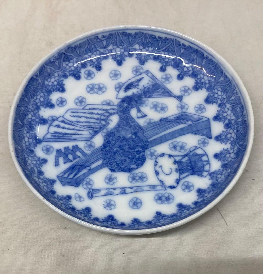 B557b 印判 和楽器図 小皿 2枚組琴　鼓　尺八　図変り　骨董