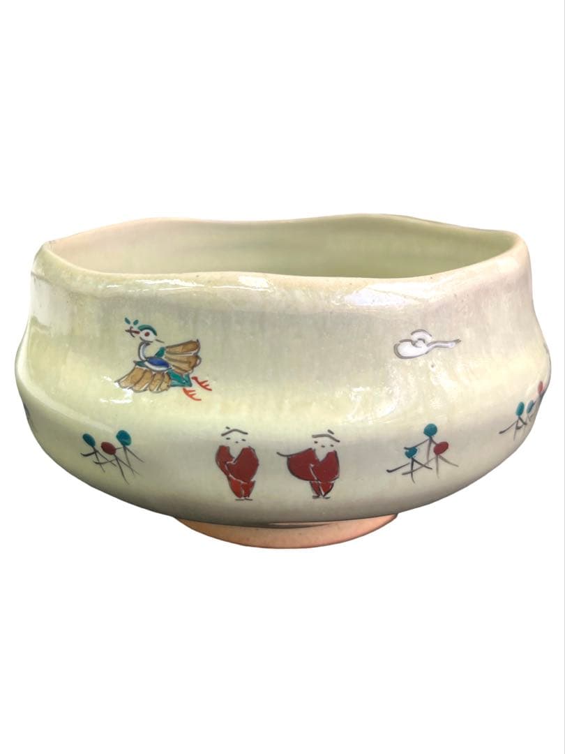 小茶碗　赤膚焼　奈良絵　瑞鳥　大塩昭山　抹茶茶碗　抹茶碗　茶道具　抹茶