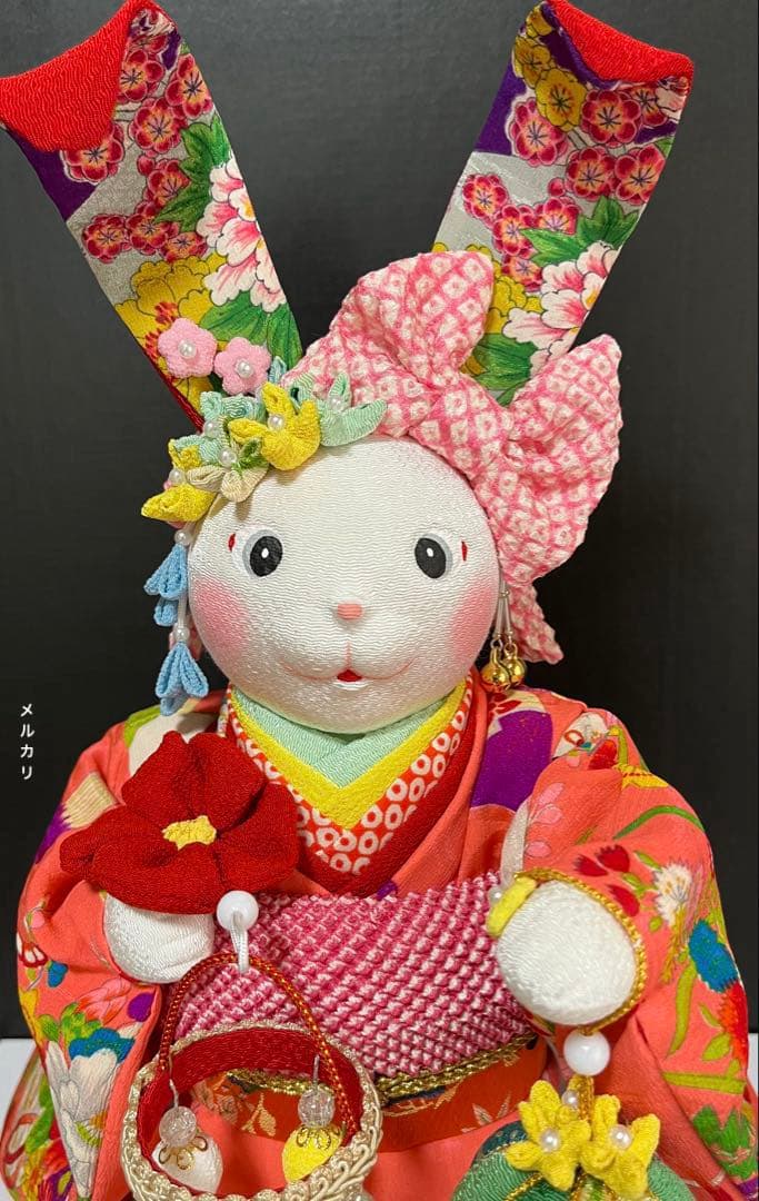 ㉗【うさぎの創作人形】　耳長ウサギ　ちりめん細工　縮緬細工　和雑貨　うさぎの置物