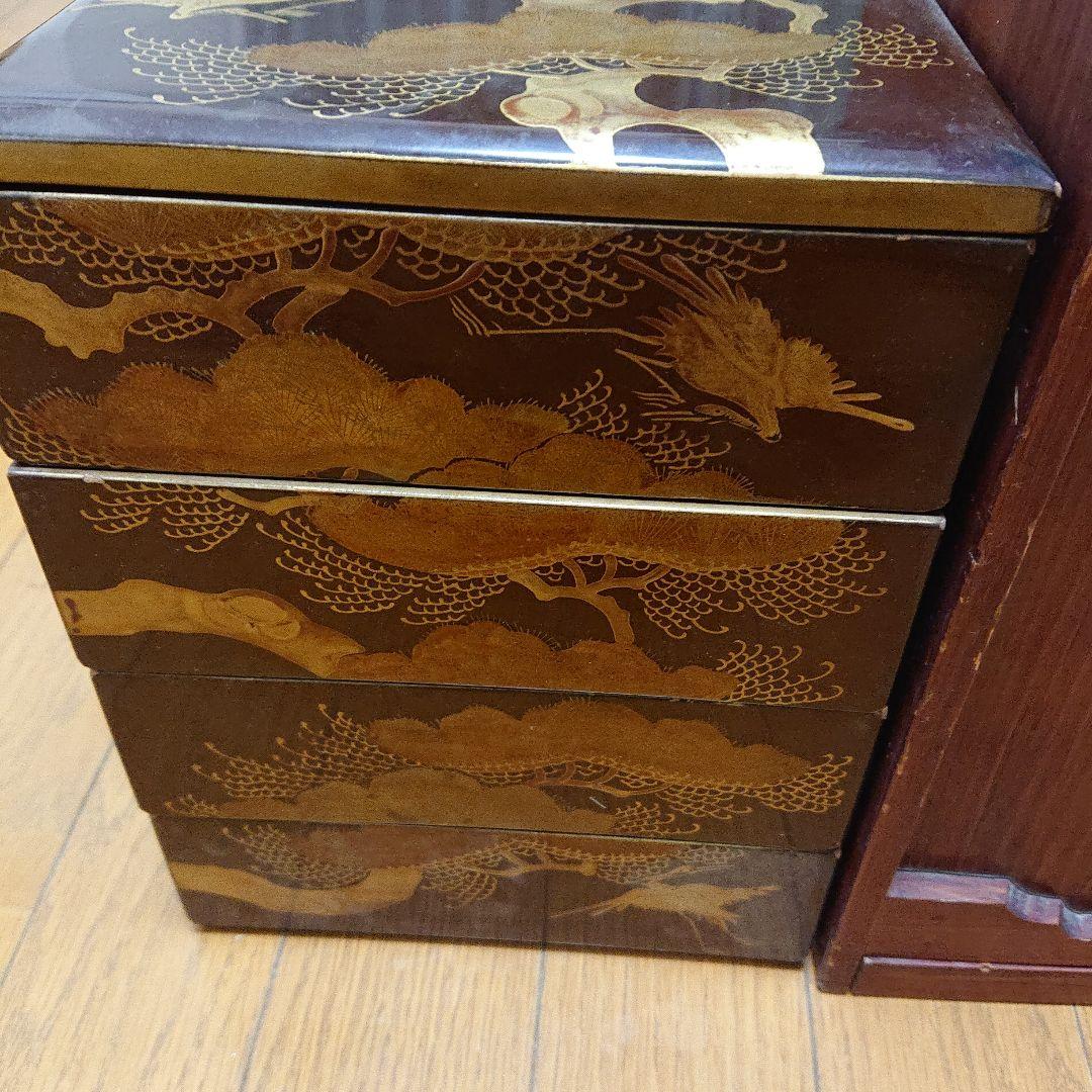慶応 江戸末期 重箱 4段 金箔 鶴と松 岡箱 花見 お弁当 お重 骨董品