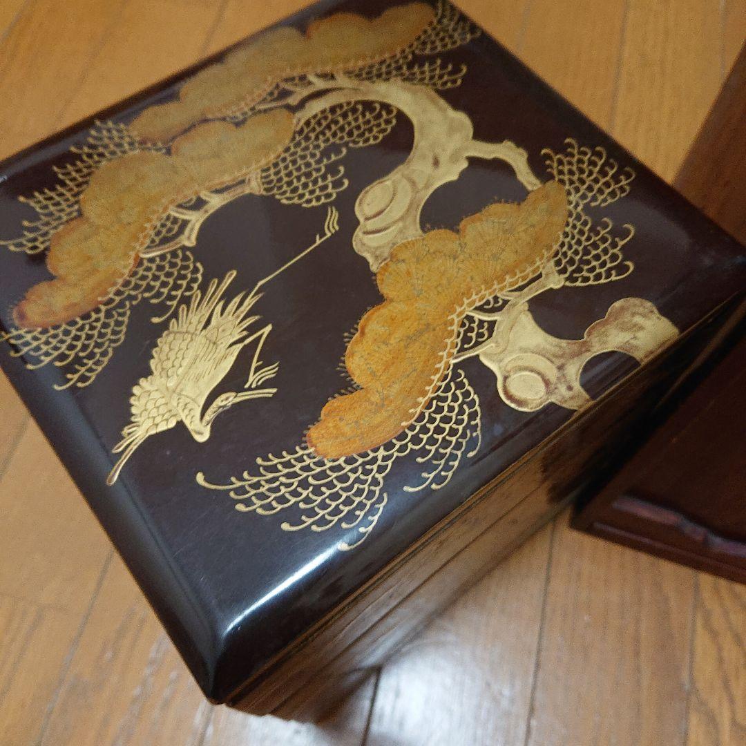 慶応 江戸末期 重箱 4段 金箔 鶴と松 岡箱 花見 お弁当 お重 骨董品