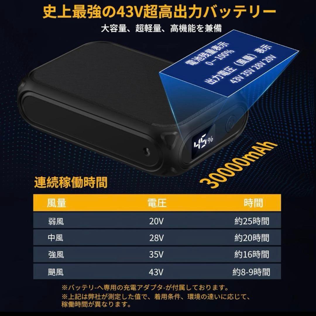 空調作業服 ファンバッテリーセット 43V 30000mAh 大容量 9cm径