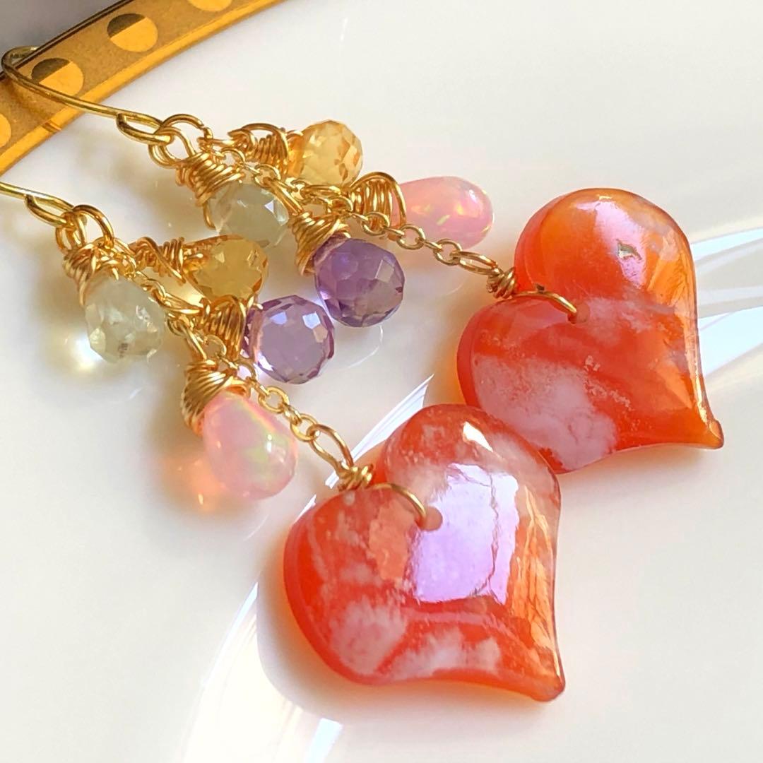 天然石♡ウォータープルーム×カーネリアンハートカービングのピアス14kgf