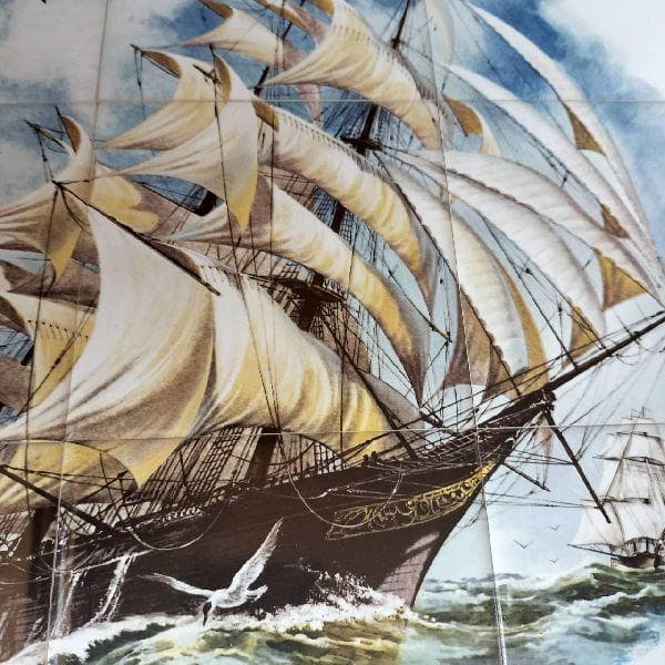 オランダ 80s ヴィンテージ アート タイル 絵画 額装 陶板 帆船