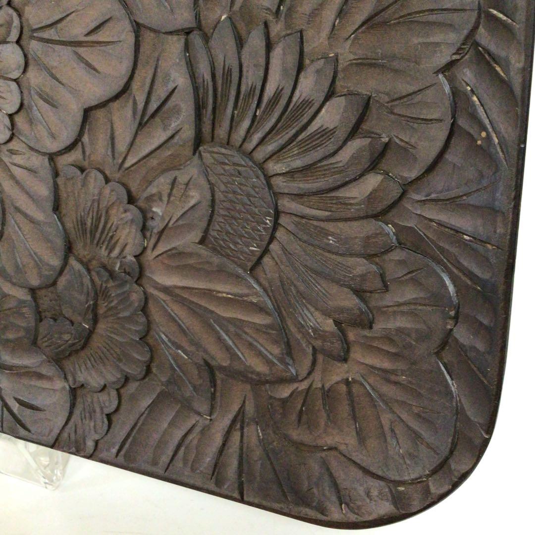 軽井沢彫　花柄彫刻 木製トレイ　レトロ　高級　伝統　名作　お盆　配膳　台