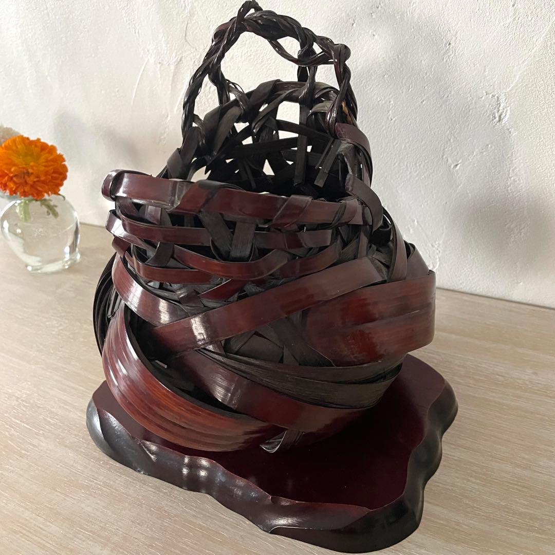 花篭 花入 竹細工　木製台座　茶道具　 華道具　竹籠 台座セット商品