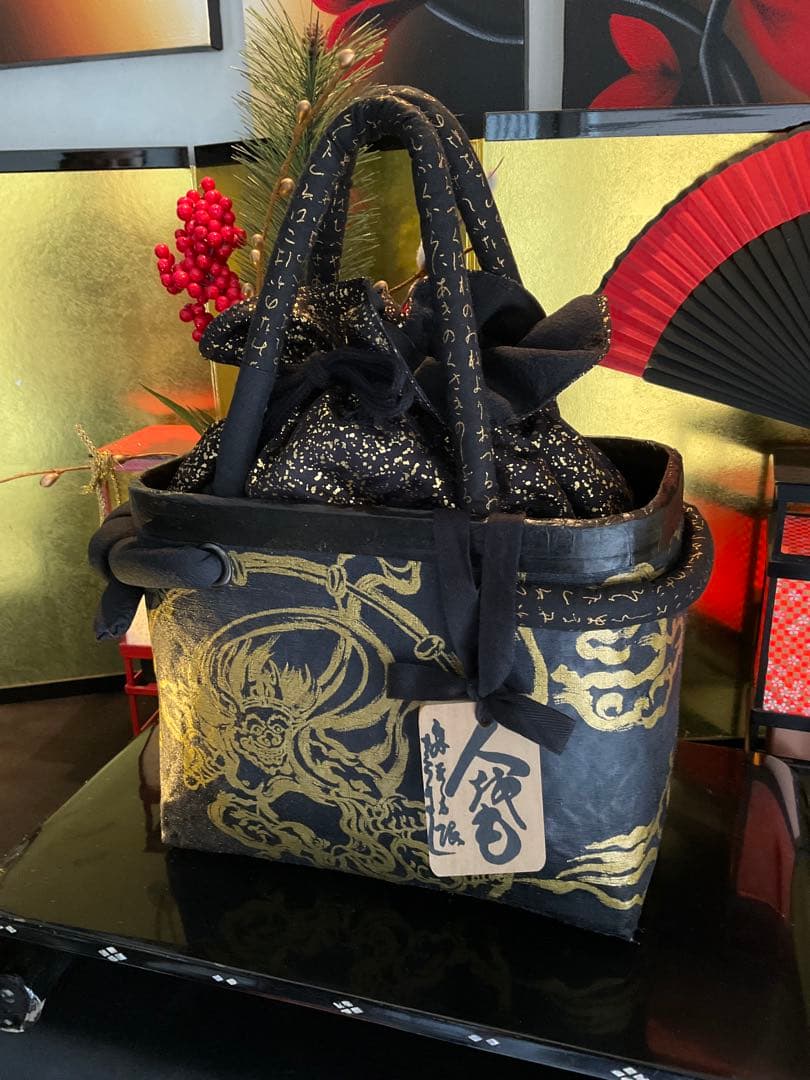 一閑張り　一閑張りバッグ　風神雷神　古文書　和紙　竹籠　籠バッグ　着物　金墨　黒