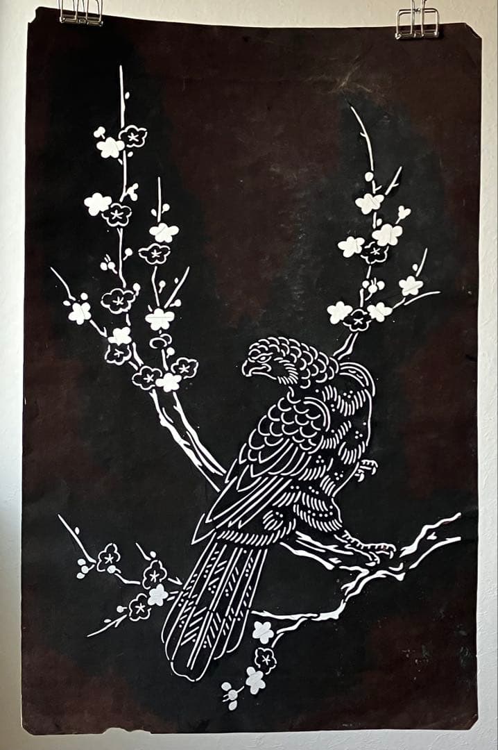 【古い切り絵 梅に鷹 約40㎝ 明治後期〜大正頃】縁起物骨董デザイン古美術古道具