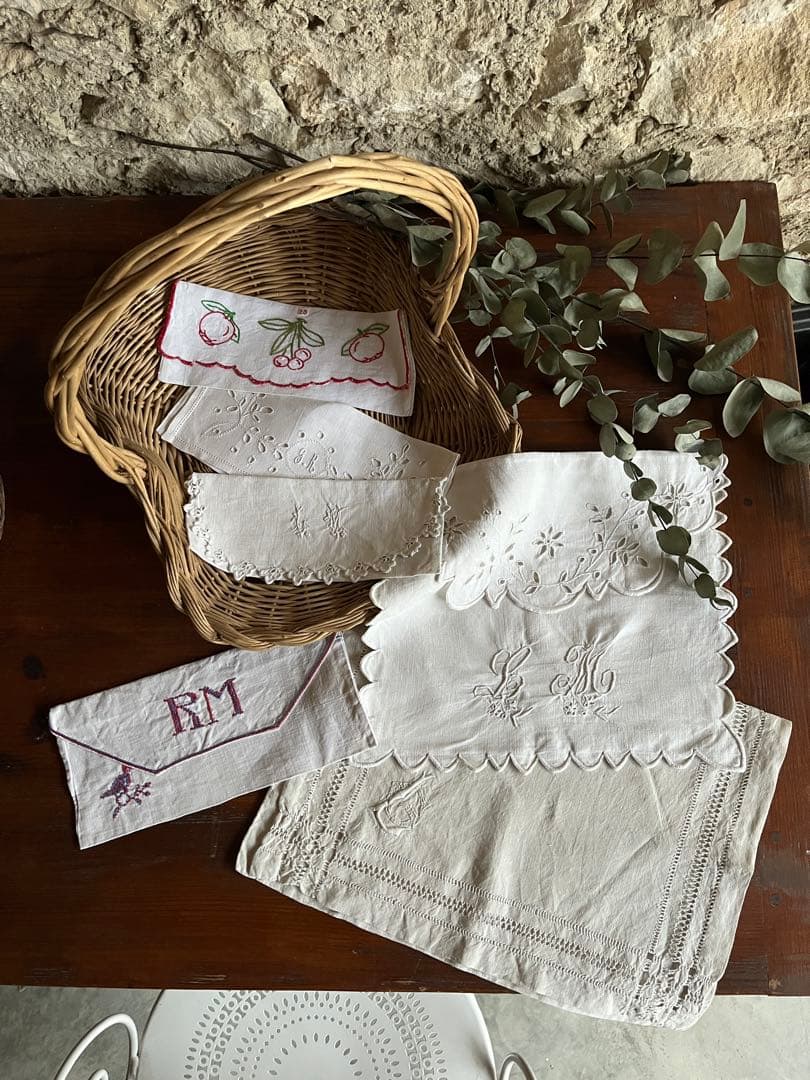 ◆フランスアンティーク｜大きな布ポーチB、イニシャル刺繍、リネン麻、旅行ポーチ