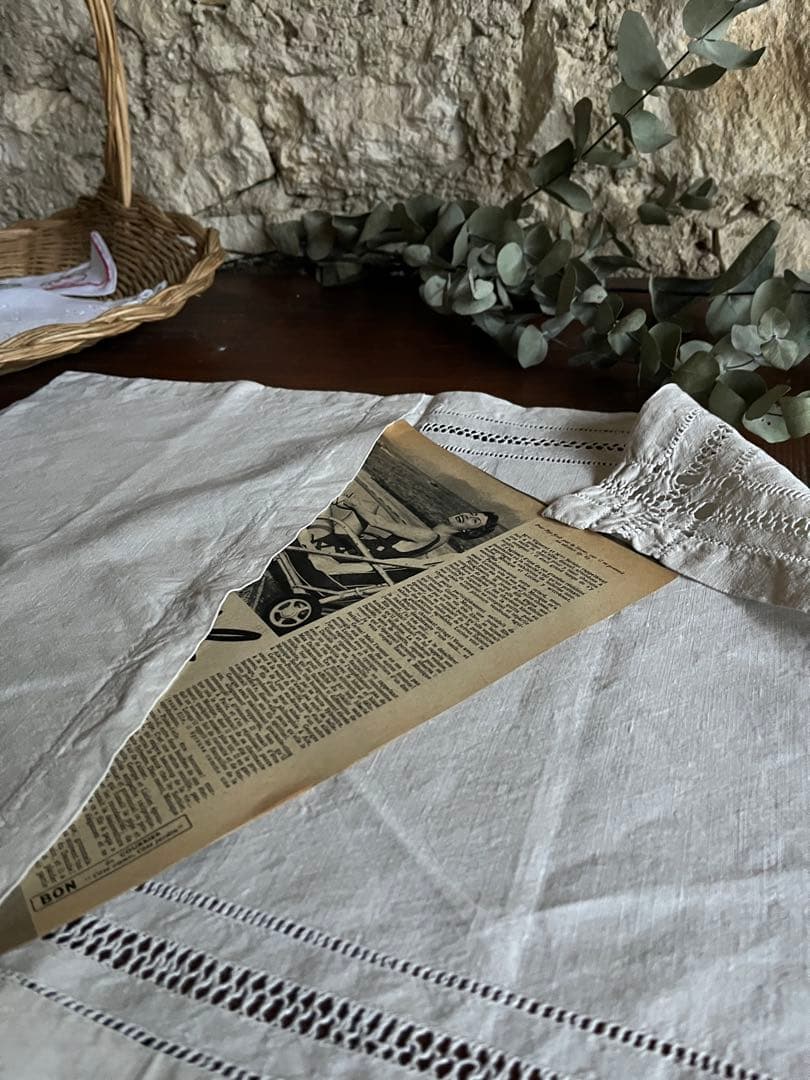 ◆フランスアンティーク｜大きな布ポーチB、イニシャル刺繍、リネン麻、旅行ポーチ