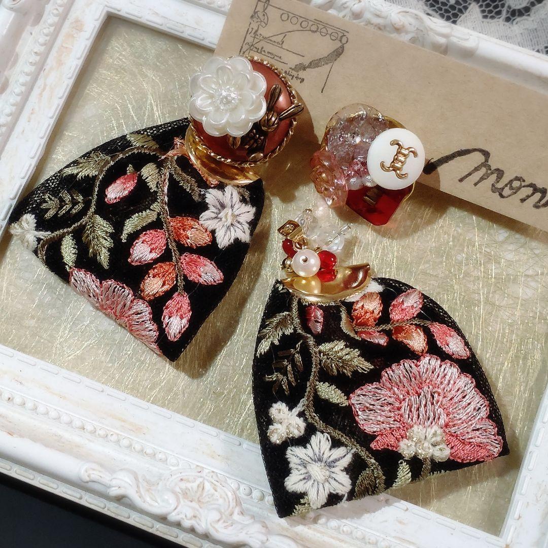 インド刺繍リボンタッセル×ボタンピアス 2way