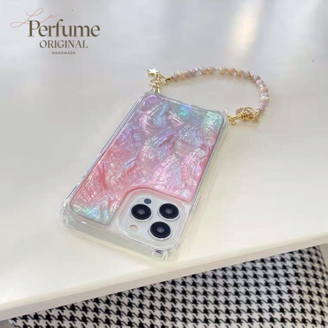 キラキラ天然シェル♡ピンク♡天然パールチェーン✨オリジナル iPhoneケース