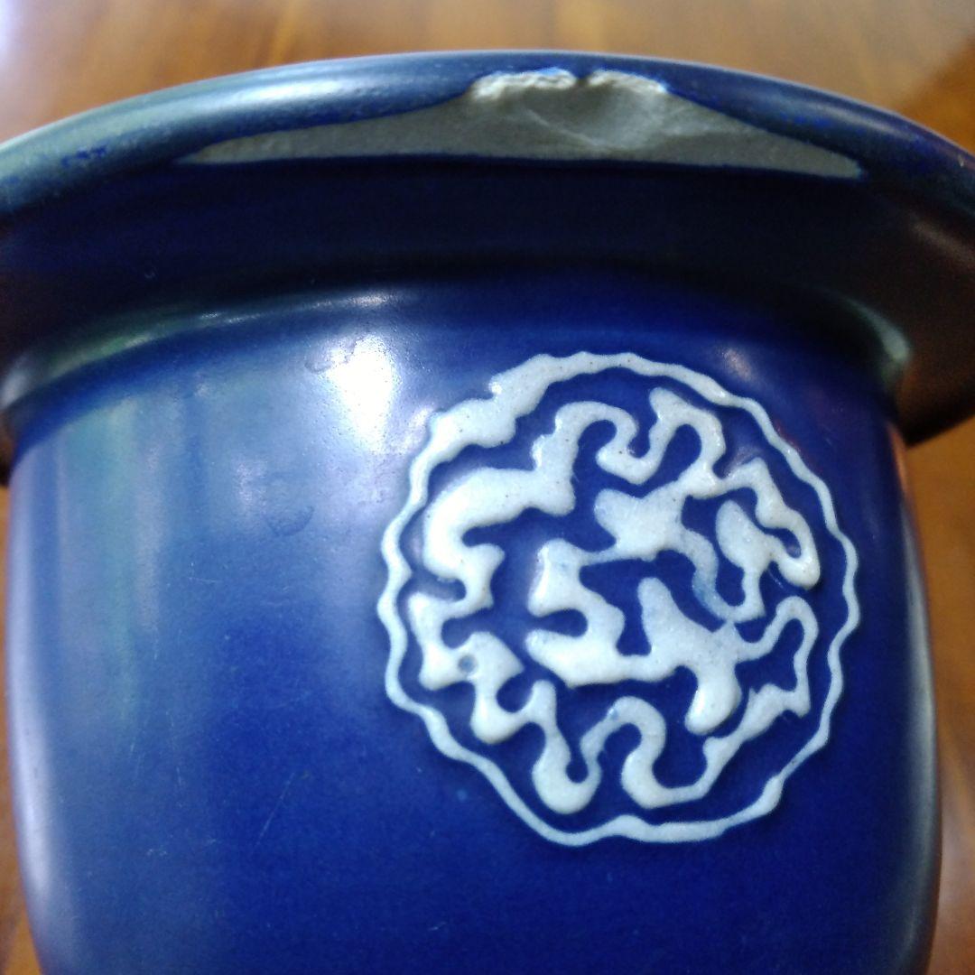 瀬戸　瑠璃釉貼付桔梗文　植木鉢　骨董