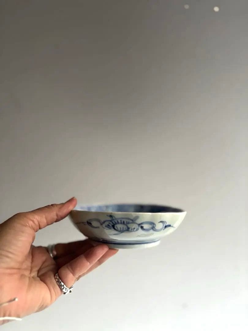 004 骨董 アンティーク 古伊万里 松竹梅に花唐草文線描き膾皿 2点組 幕末