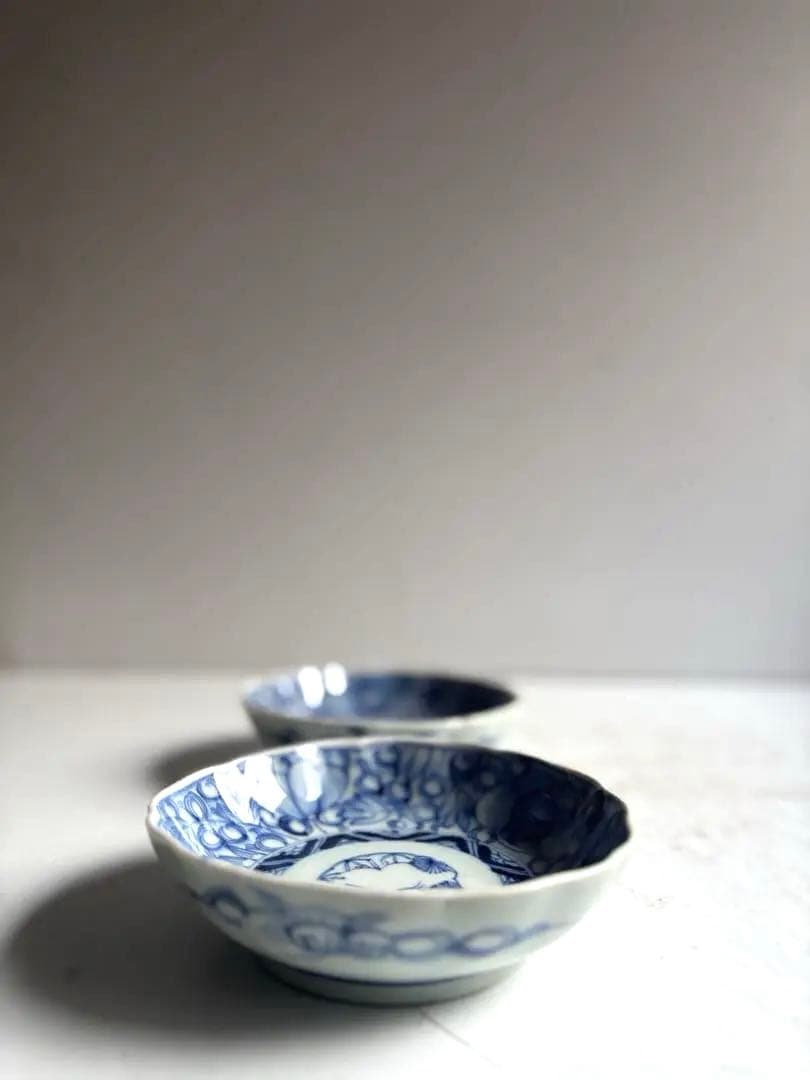 004 骨董 アンティーク 古伊万里 松竹梅に花唐草文線描き膾皿 2点組 幕末