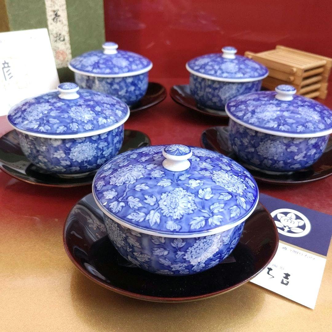 たち吉染牡丹蓋付湯呑み／象彦天然木うるし塗小判茶托／井桁茶托／レードル18-12