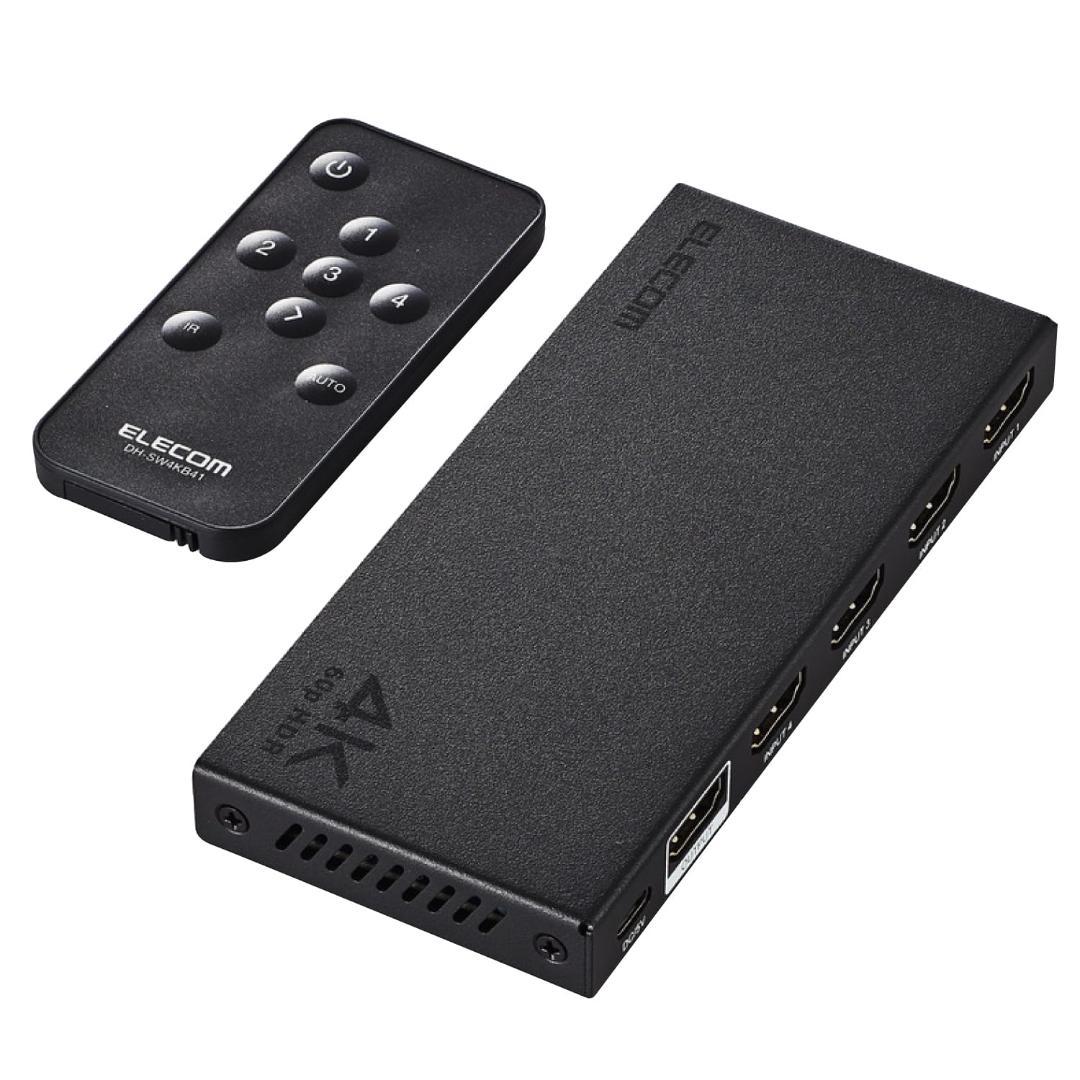 エレコム HDMI切替器 4K 60Hz 4入力1出力 リモコン付き 【自動・手