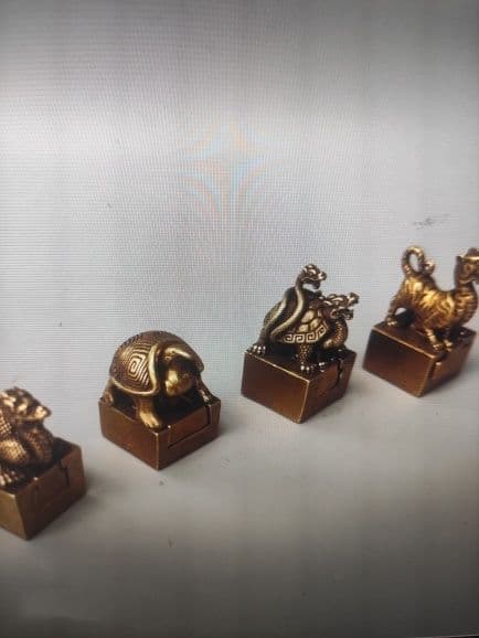 銅製 四大神獣 青龍 白虎 朱雀 玄武 子母印章 書道具 文房具 工芸品 置物