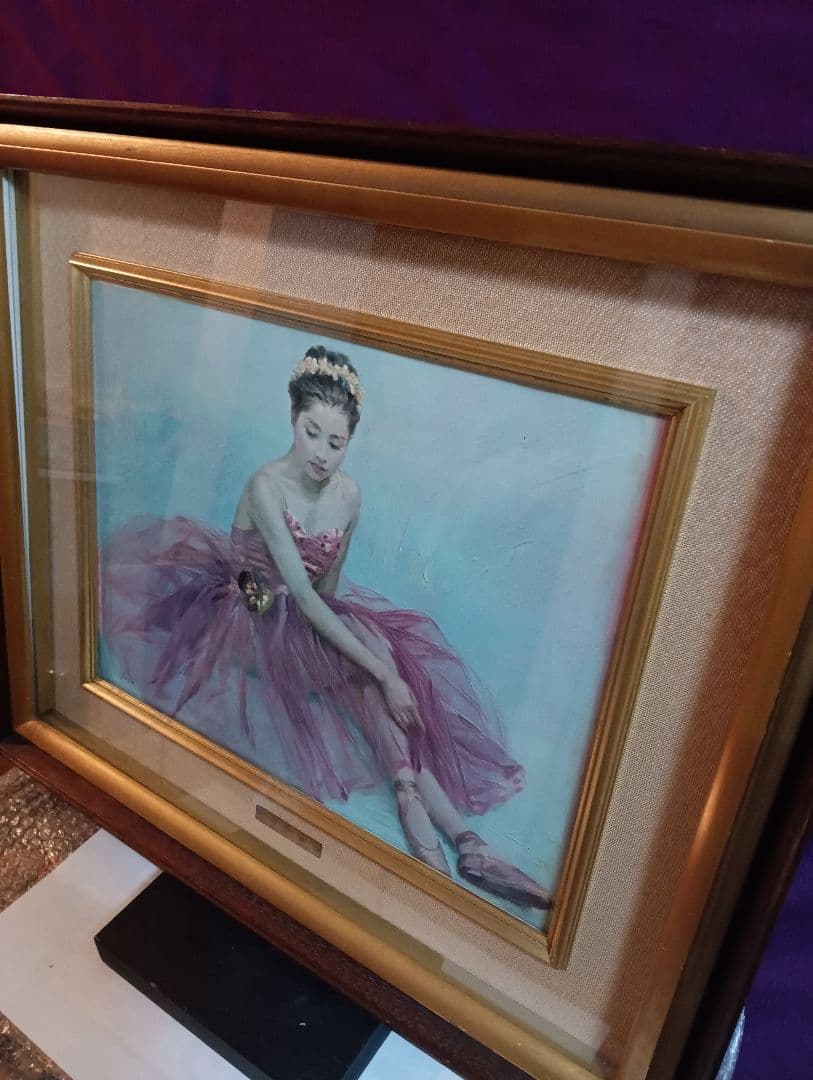 昭和レトロ油彩風美術工芸画ガラス板額装横幅６０Ｘ縦５２センチＦ６バレーリーナ絵