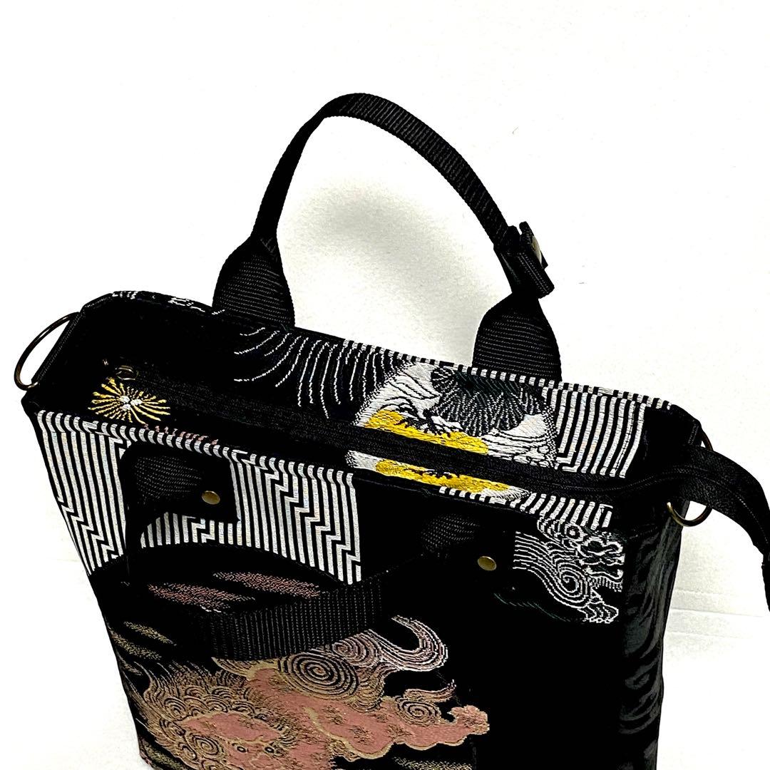 395 帯リメイク　桜色の唐獅子のBOX型3wayバッグ