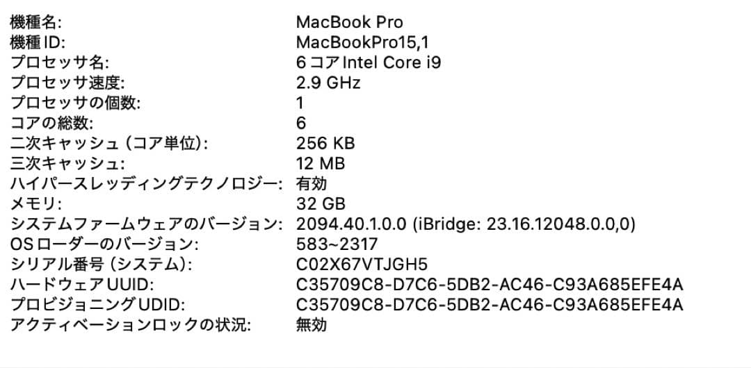 MacBook本体 MacBook Pro 15.4 Core i9 32GB 256GB