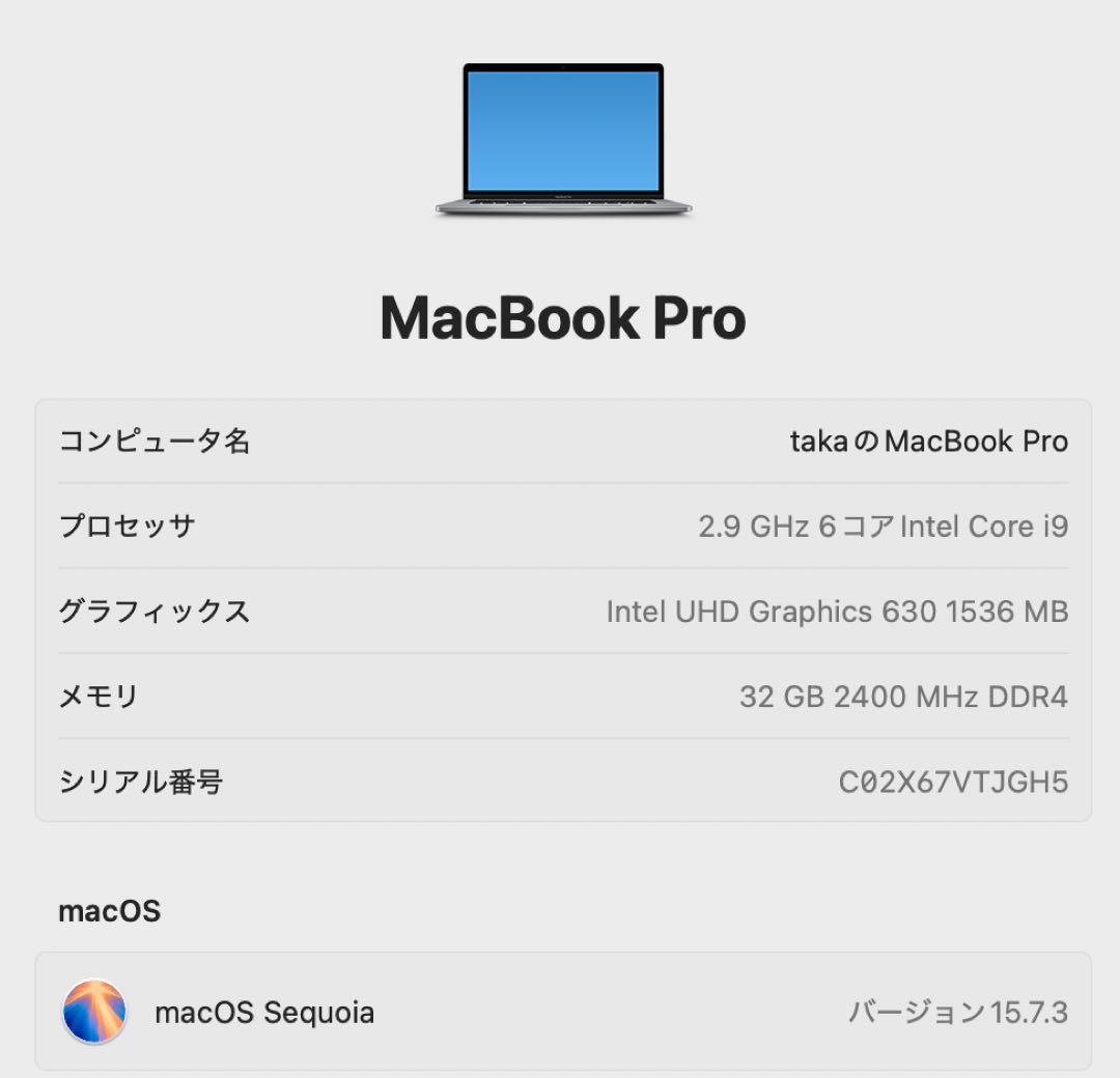 MacBook本体 MacBook Pro 15.4 Core i9 32GB 256GB