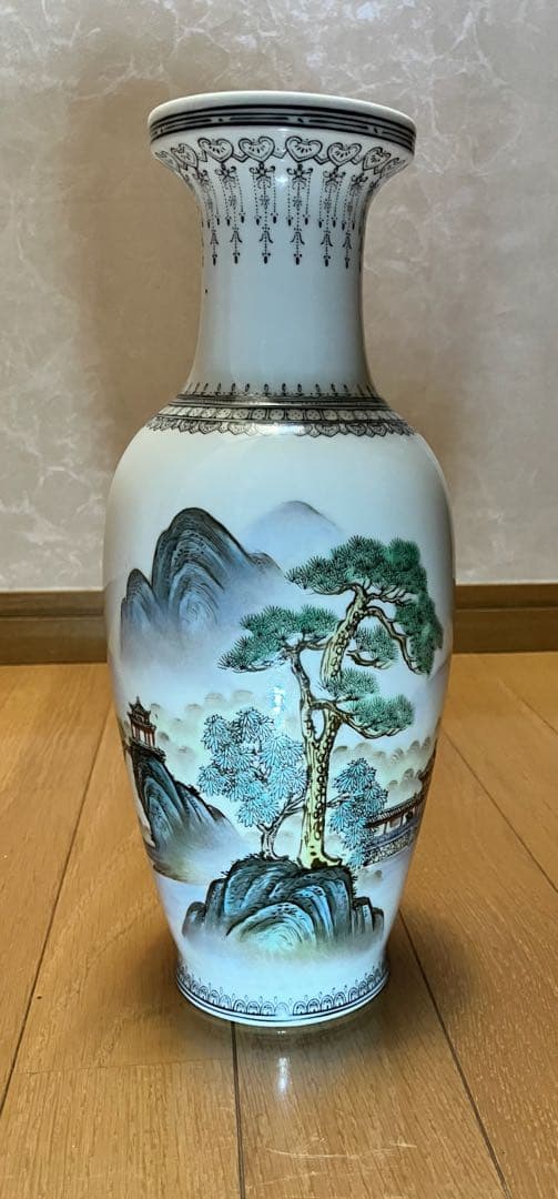 景徳鎮製　粉彩 色絵　山水風景図　花瓶　中國古美術　唐物