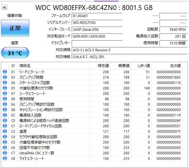 【動作確認済・美品】Western Digital RED 8TB HDD