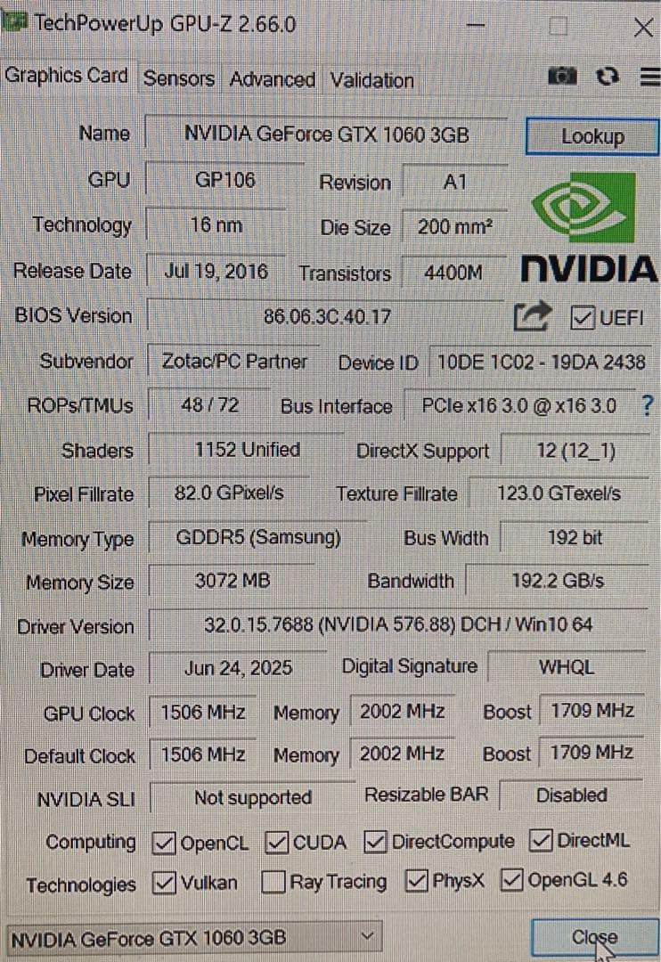 Geforce GTX 1060 3G ZOTAC 動作品