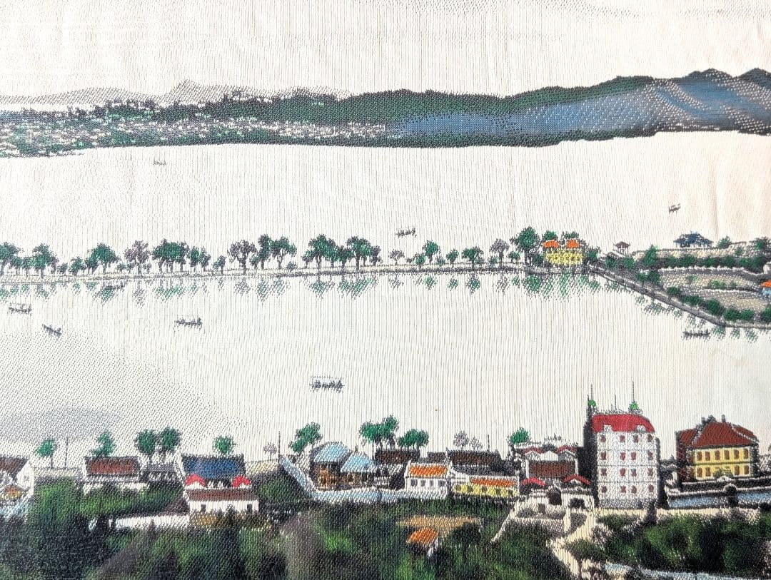 昭和レトロ 中国刺繍 風景画 額装 大型 横長｜川と街並み ヴィンテージアート