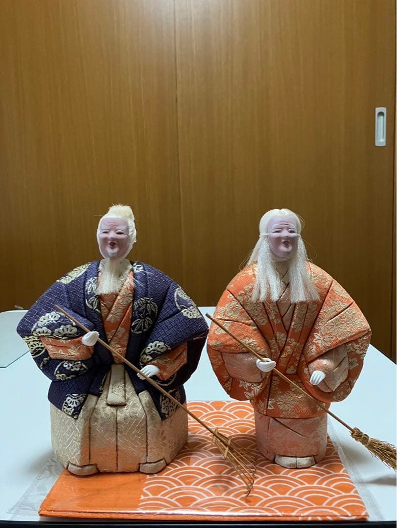 (美品)【高砂人形 翁と嫗】木目込み人形(ガラスケース付き)