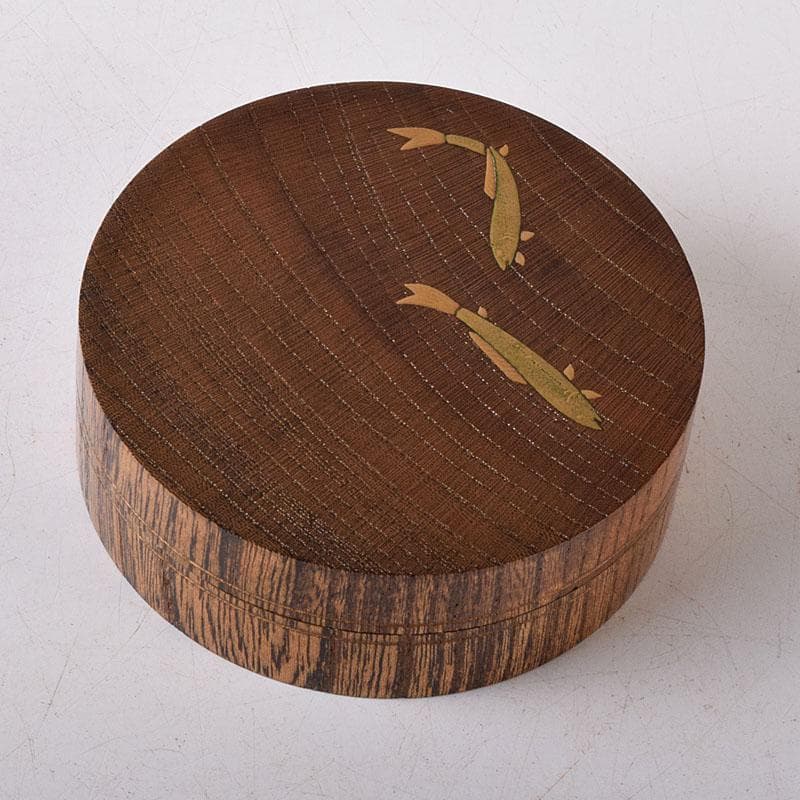 茶道具　山中塗　福田芳朗作　神代欅　香魚絵　香合　共布共箱　V　R8144