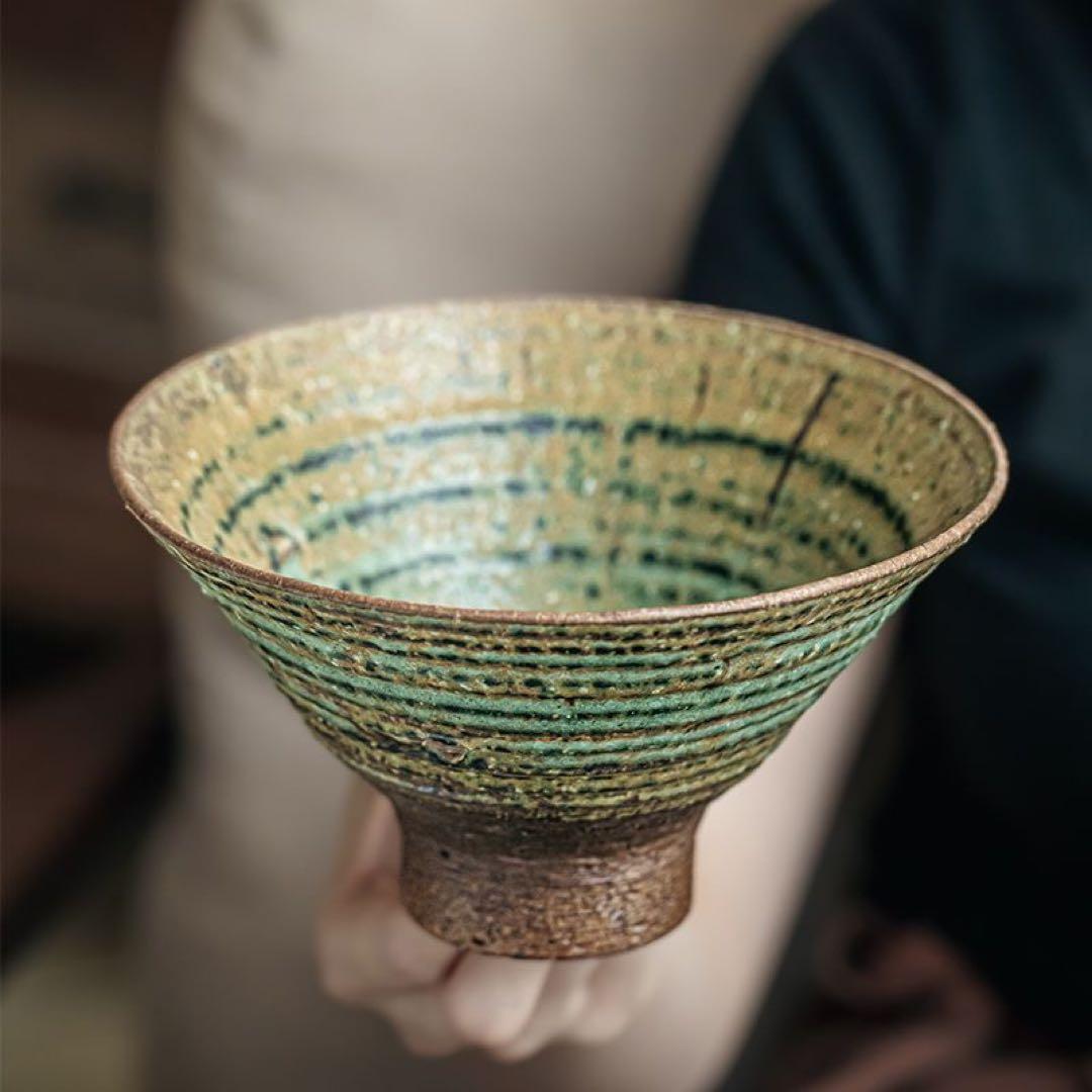 手作り 陶器 茶碗 緑と青のストライプ