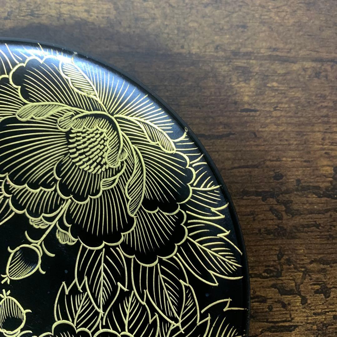 E-1 【極美品】漆器 銘々皿 5枚セット 金彩 牡丹 菓子皿 漆塗り 茶道具