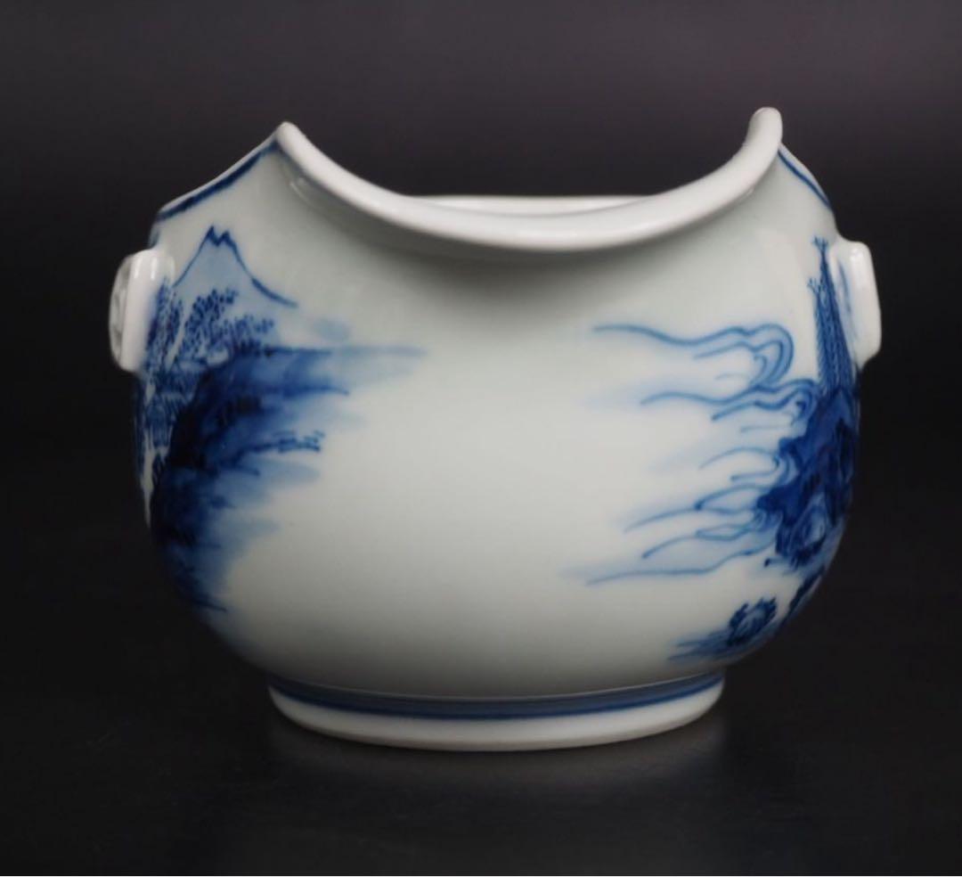 送料無料　時代物　山水・高士図　手描き青華/青花湯冷まし　在銘