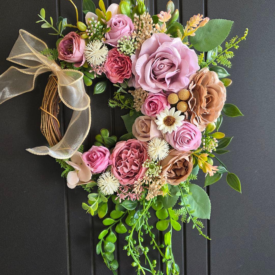 フラワーリース 晩秋9 咲き誇る花たち 玄関リース 造花 くすみカラー