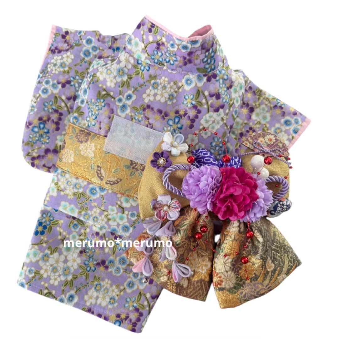 犬服 ハンドメイド着物 Sサイズ 花柄 パープル 梅