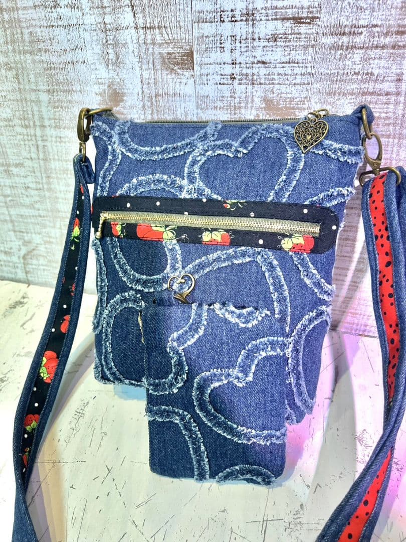 ロラライハリス♡ハートフリンジデニム♡刺繍のショルダーバッグ♡ケースセット