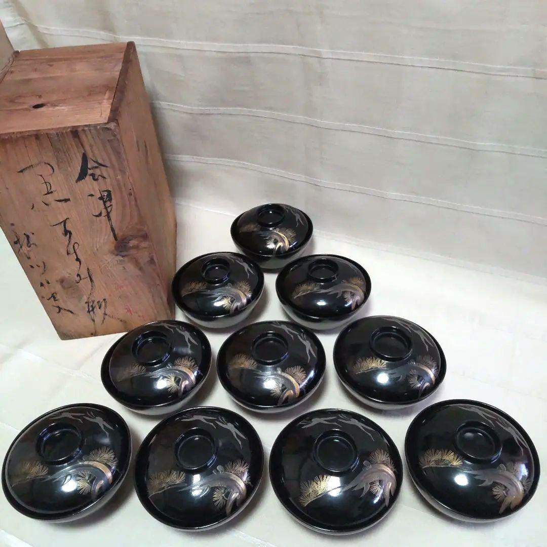 会津塗黒沈金蒔絵松鶴塗椀　蓋付き10客セット　 木箱入　大正時代　漆器汁椀