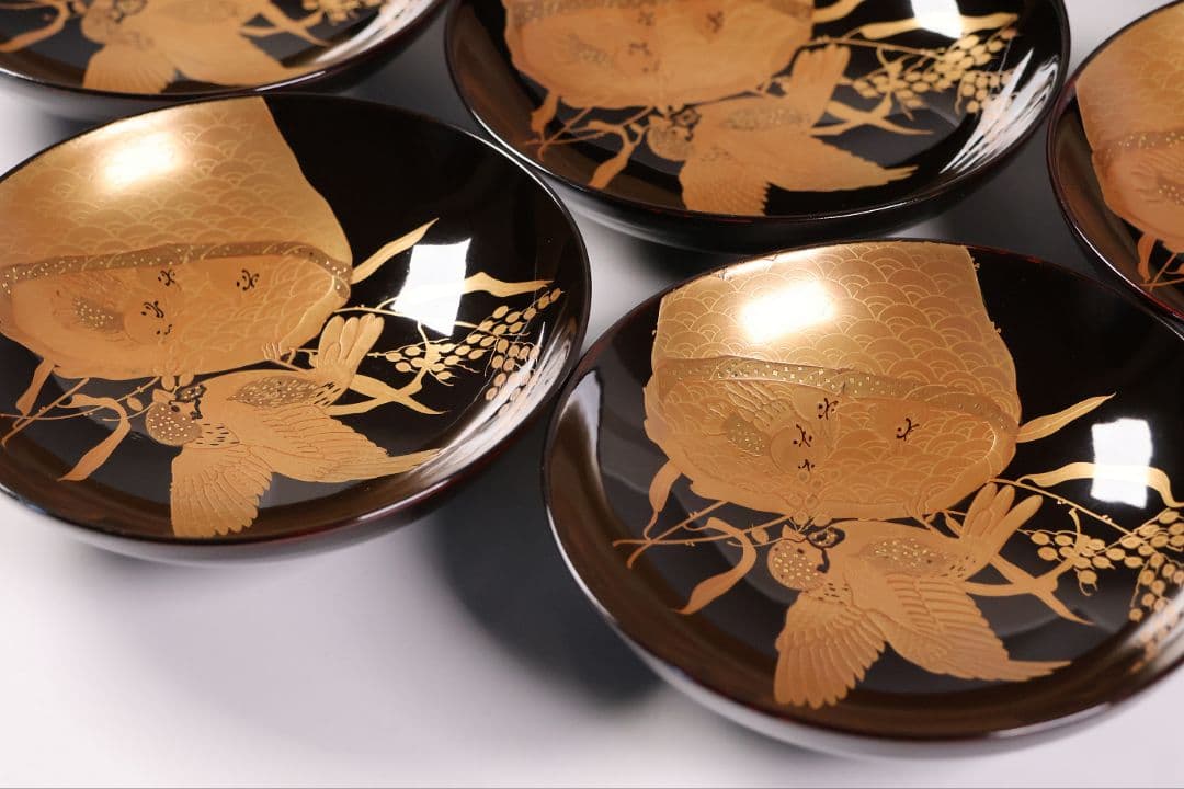 【CM460】天然木漆塗 親子雀と稲穂金蒔絵 黒椀 五客 大正昭和 漆芸 漆器