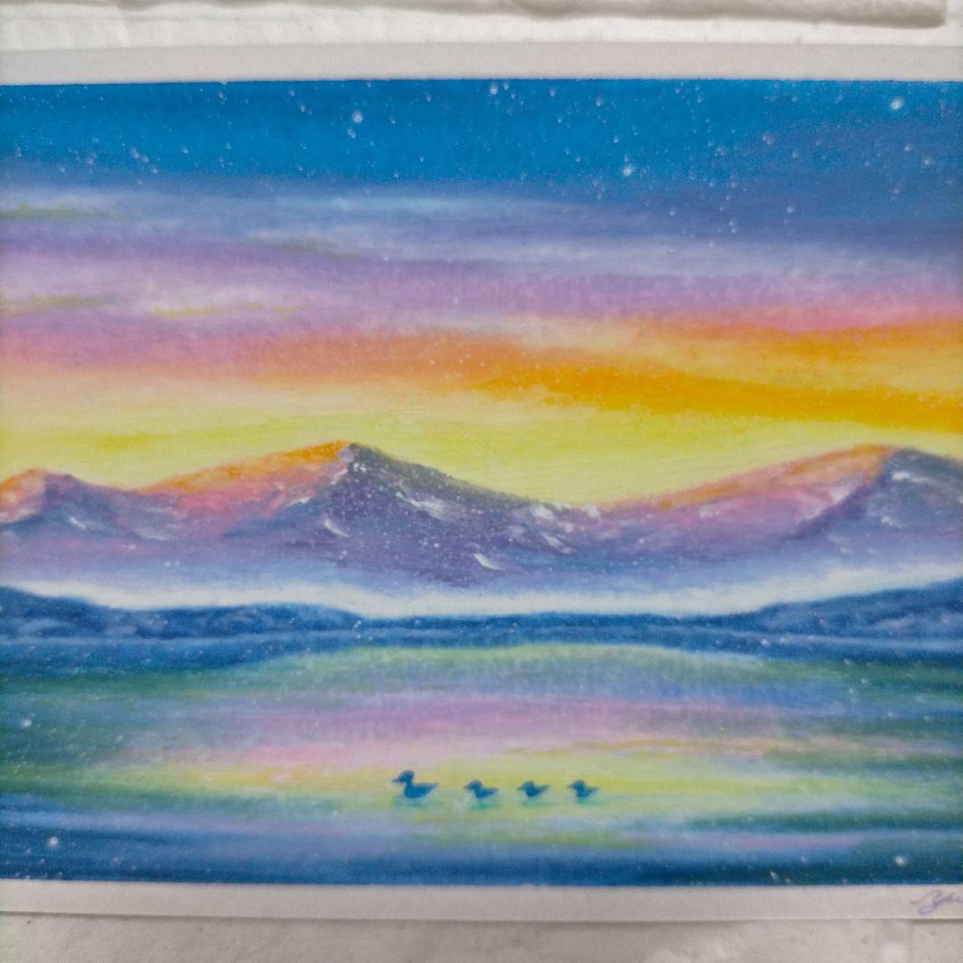 カルガモ親子と湖畔の風景画 オイルパステル画 原画 ハガキサイズ絵画 #104