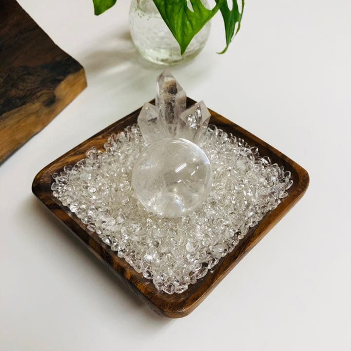 天然 水晶玉 48mm 水晶 高級アカシア角プレート3点セット