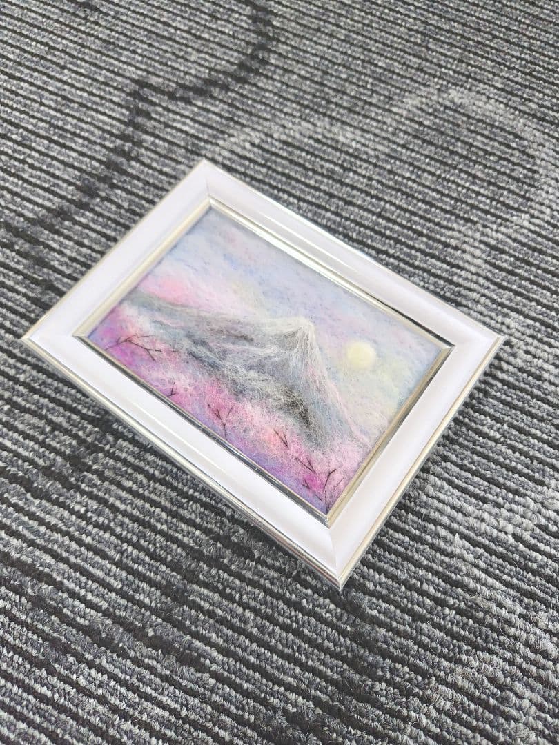 羊毛フェルト　ハンドメイド　フレーム　刺繍　絵画　桜と富士山