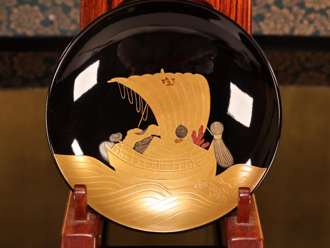 BK407a　時代輪島塗　宝船図金蒔絵　波千鳥　吸物椀　一客　木製　茶道具 菓子