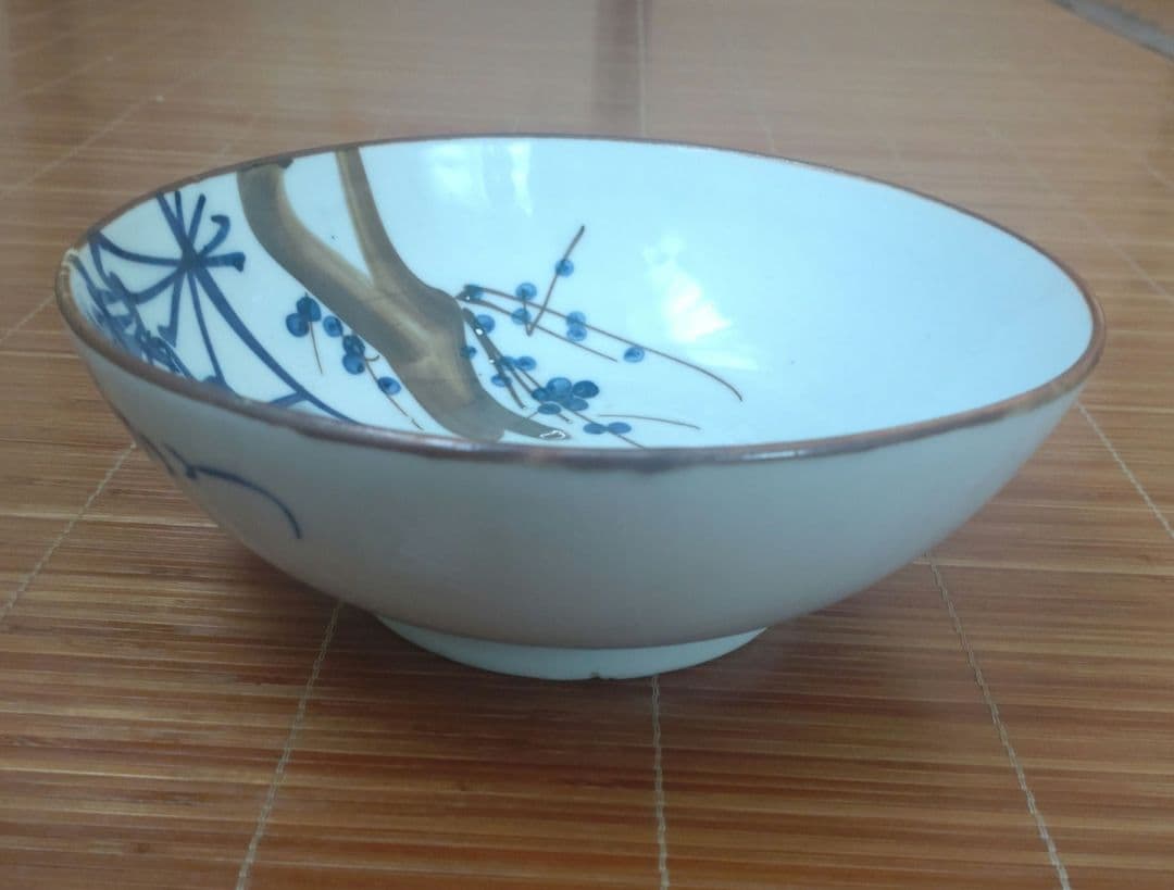 明治期　伊万里焼　染付　深皿　大鉢　中鉢　骨董品　梅松　扇子　富士3個セット