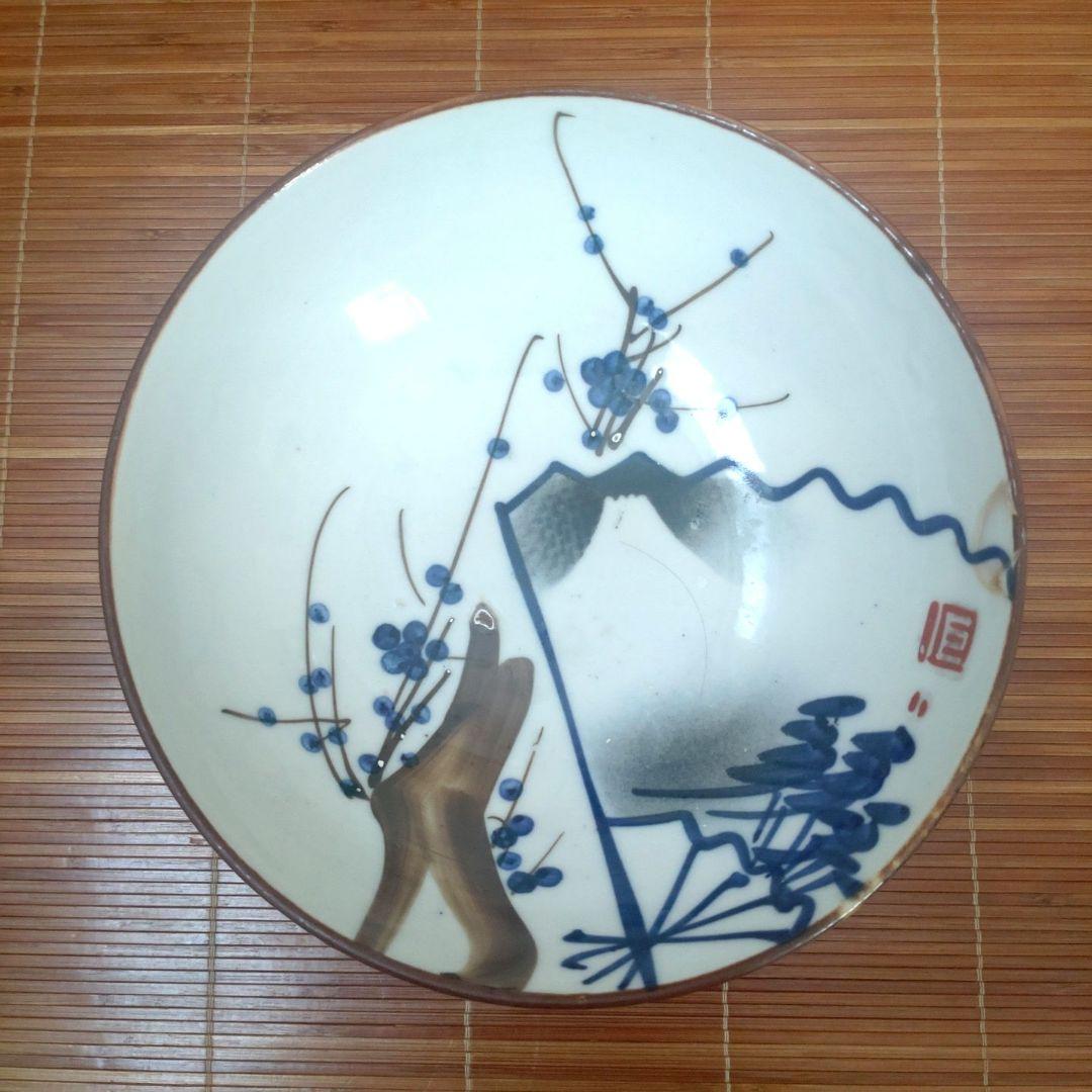 明治期　伊万里焼　染付　深皿　大鉢　中鉢　骨董品　梅松　扇子　富士3個セット