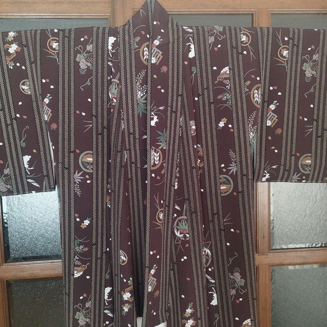 正絹 小紋 着物 茶色 縦縞 古典花柄 上品 レトロ 美品