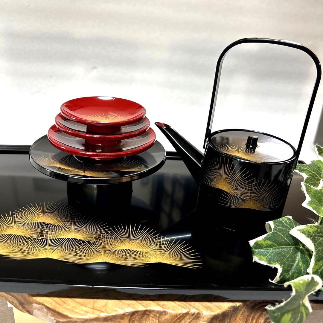 新品　会津塗　坂本乙造　お屠蘇セット　 漆黒塗　沈金若松　平胴張四ツ揃　お正月