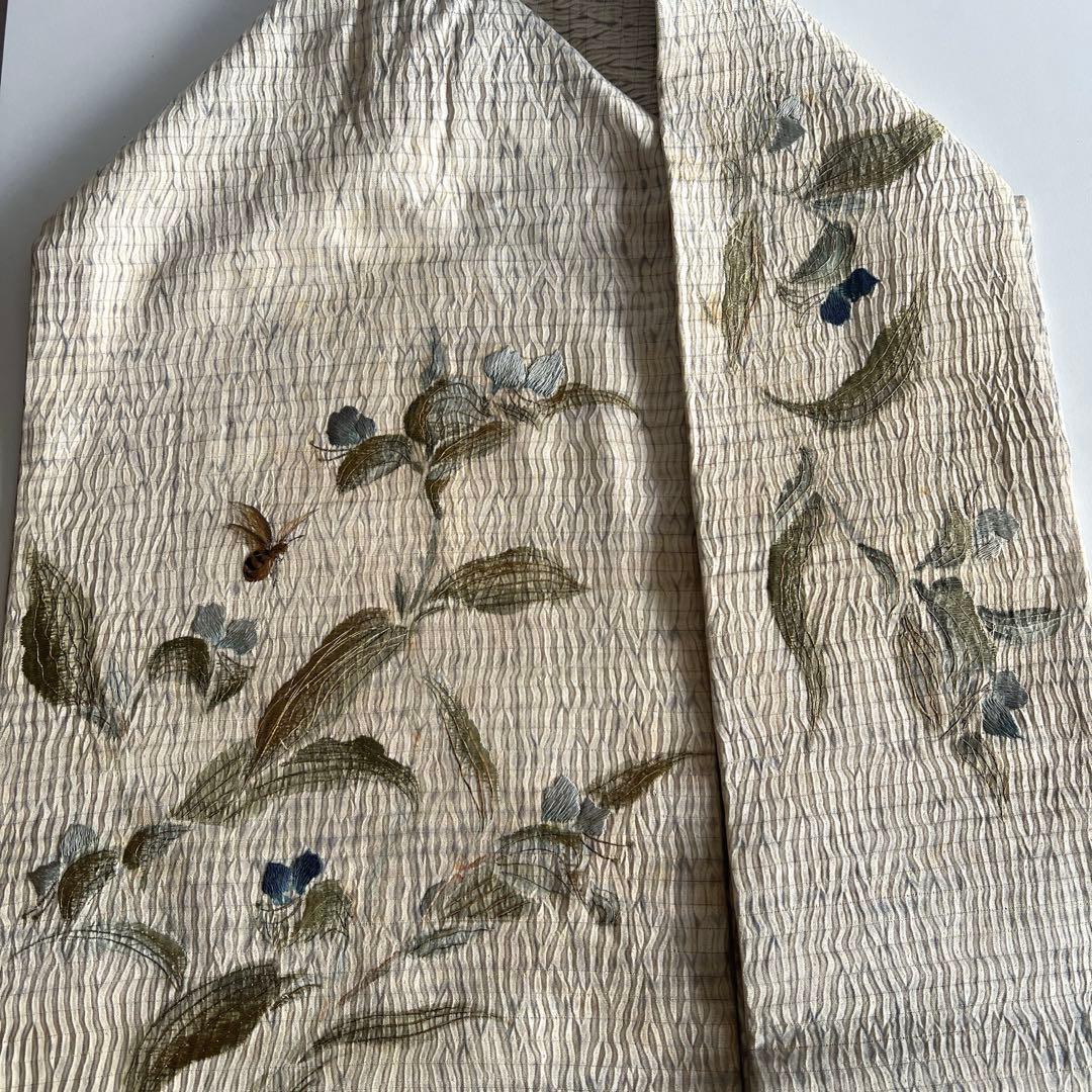 6082◆アンティーク名古屋帯生成り淡い藍染絞染蜂露草手刺繍逸品コレクション
